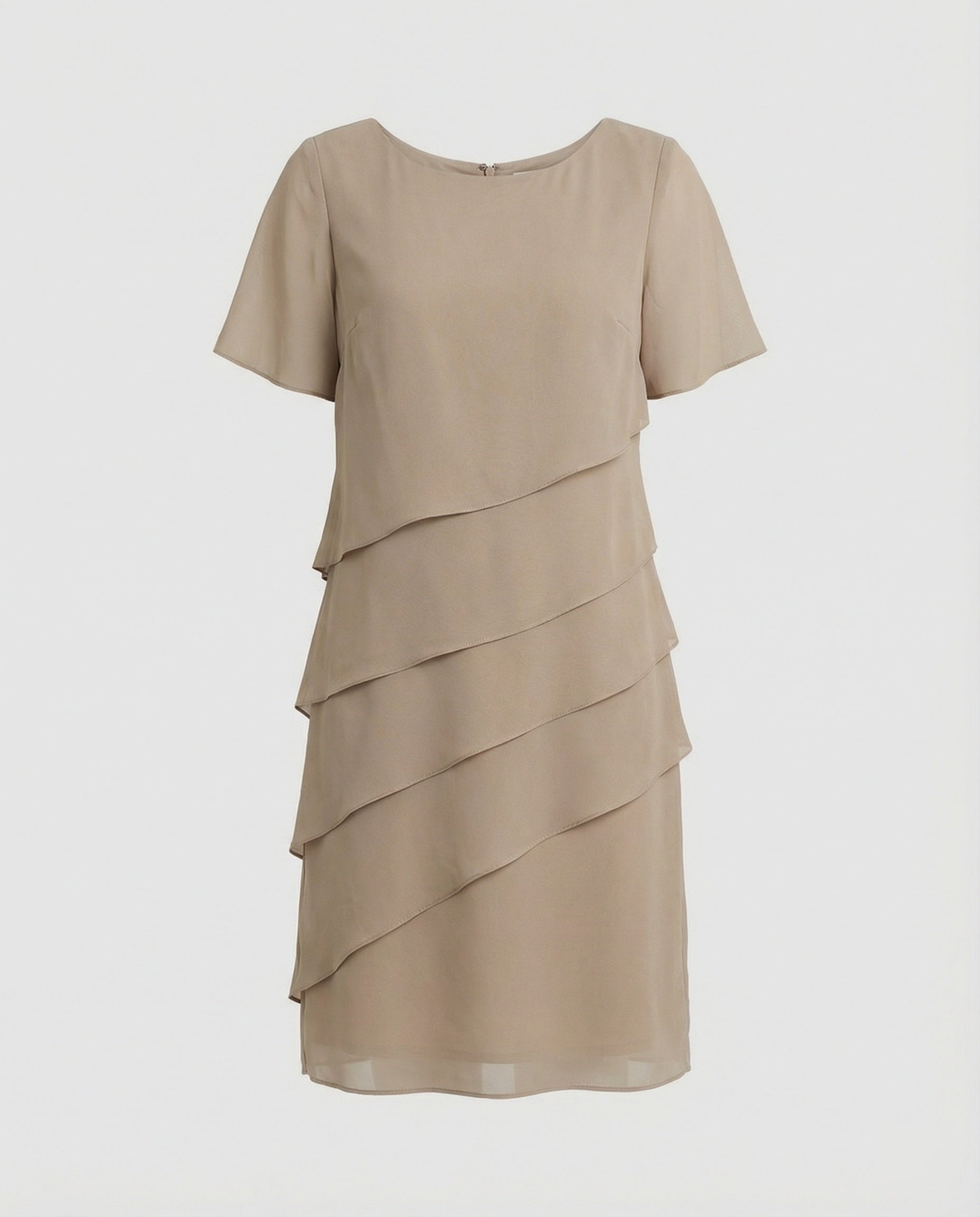 Layered Cut Chiffon Dress with Round Neck and Short Sleeves for Women