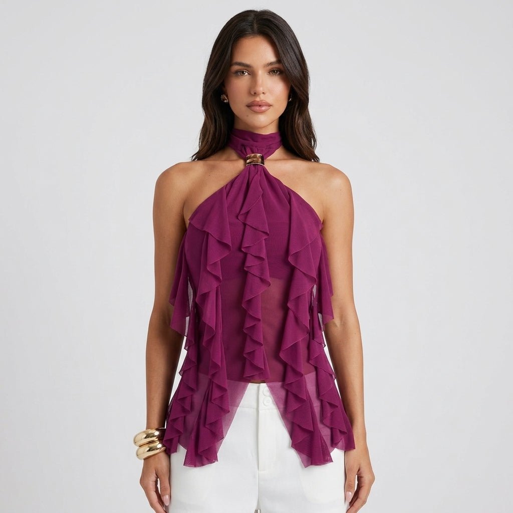 Top halter mujer con volantes | blusa sin mangas para eventos