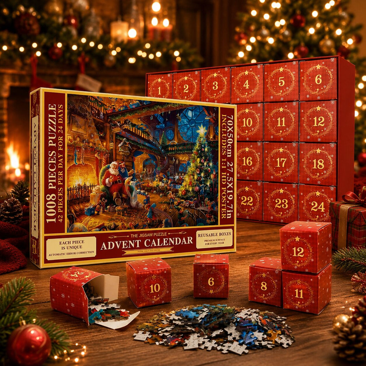 Adventní kalendář s puzzle o 1008 dílcích a 24 očíslovanými krabičkami