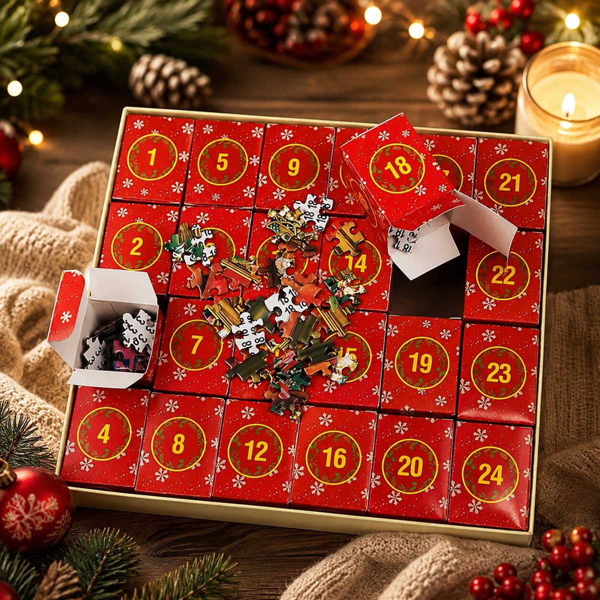 Adventní kalendář s puzzle o 1008 dílcích a 24 očíslovanými krabičkami