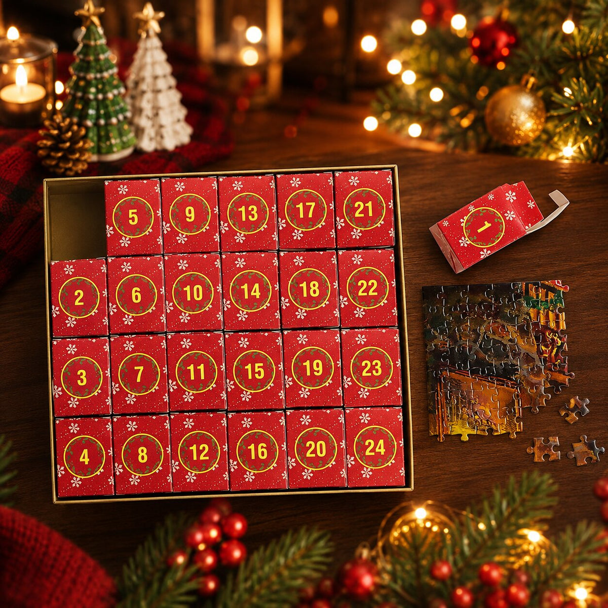 Adventní kalendář s puzzle o 1008 dílcích a 24 očíslovanými krabičkami