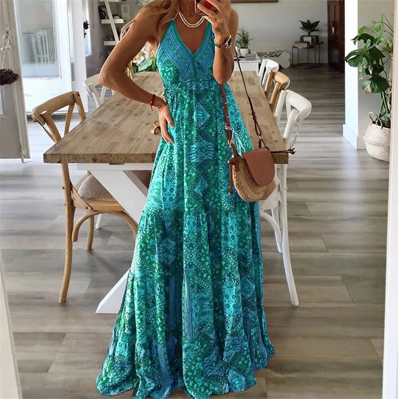 Vestido Maxi de Tirantes Finos con Cuello en V y Estampado Bohemio para Mujer