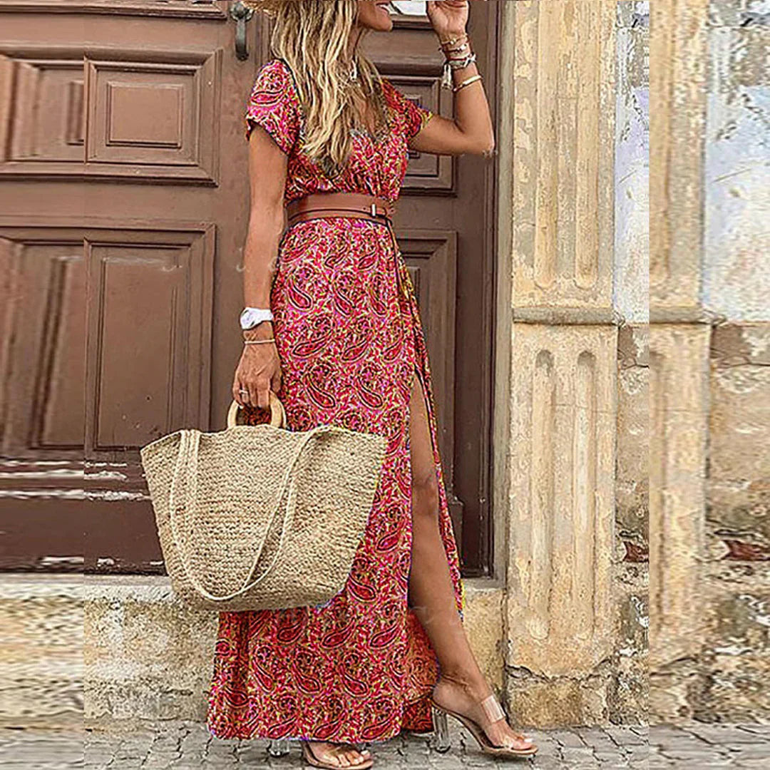 Vestido Largo Bohemio con Estampado Floral Cuello en V y Cinturón para Mujer