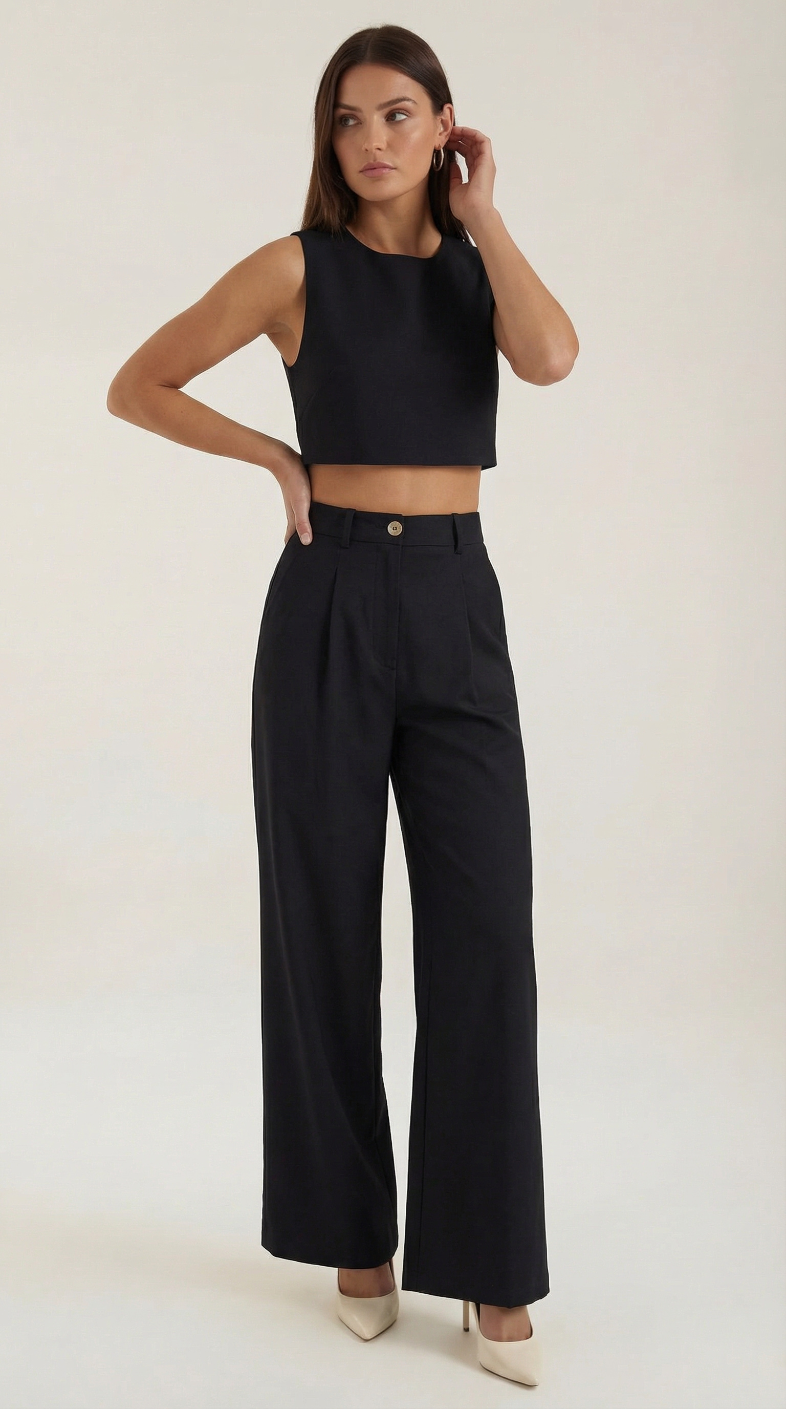 Conjunto de Dos Piezas de Top Corto Sin Mangas y Pantalones de Pernera Ancha para Mujer