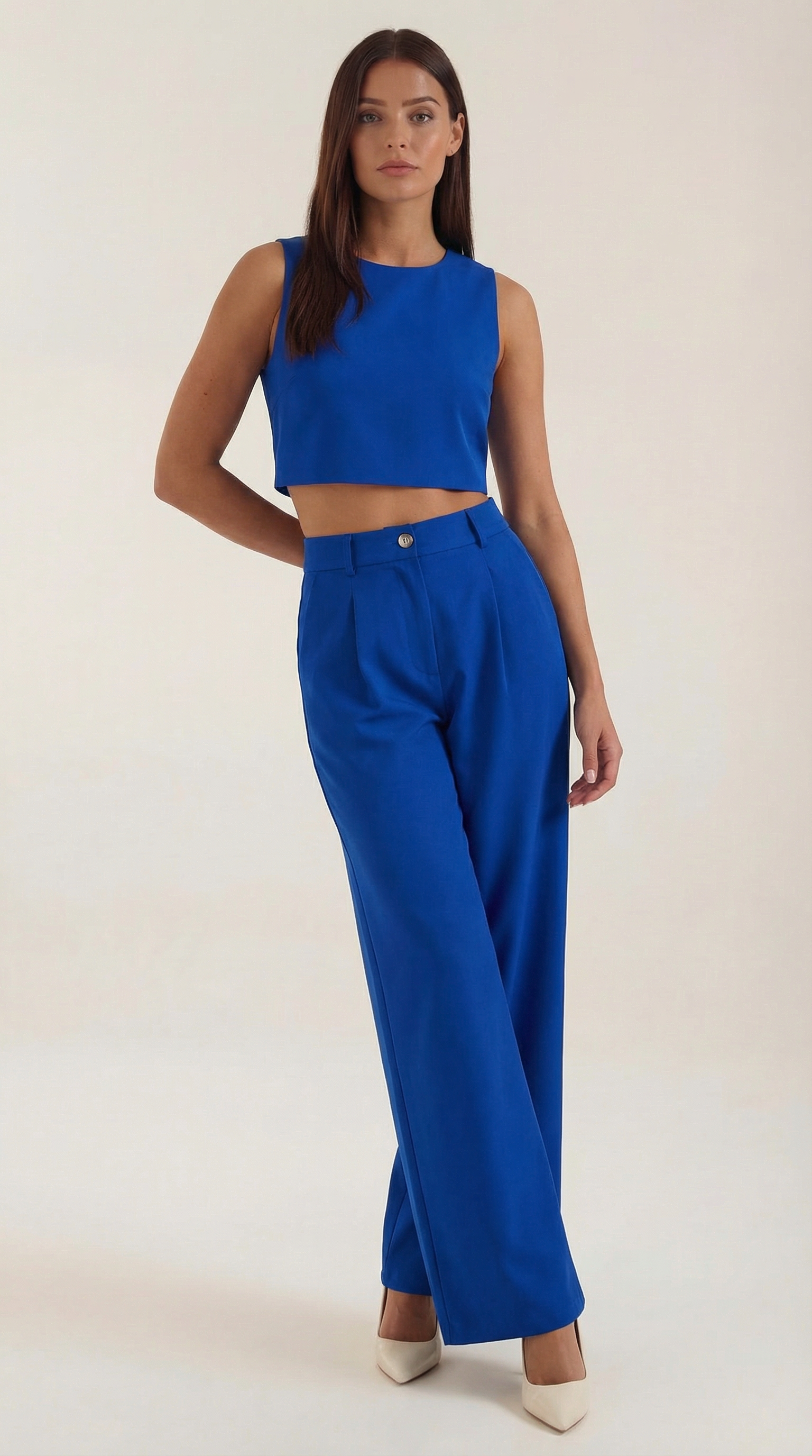 Conjunto de Dos Piezas de Top Corto Sin Mangas y Pantalones de Pernera Ancha para Mujer