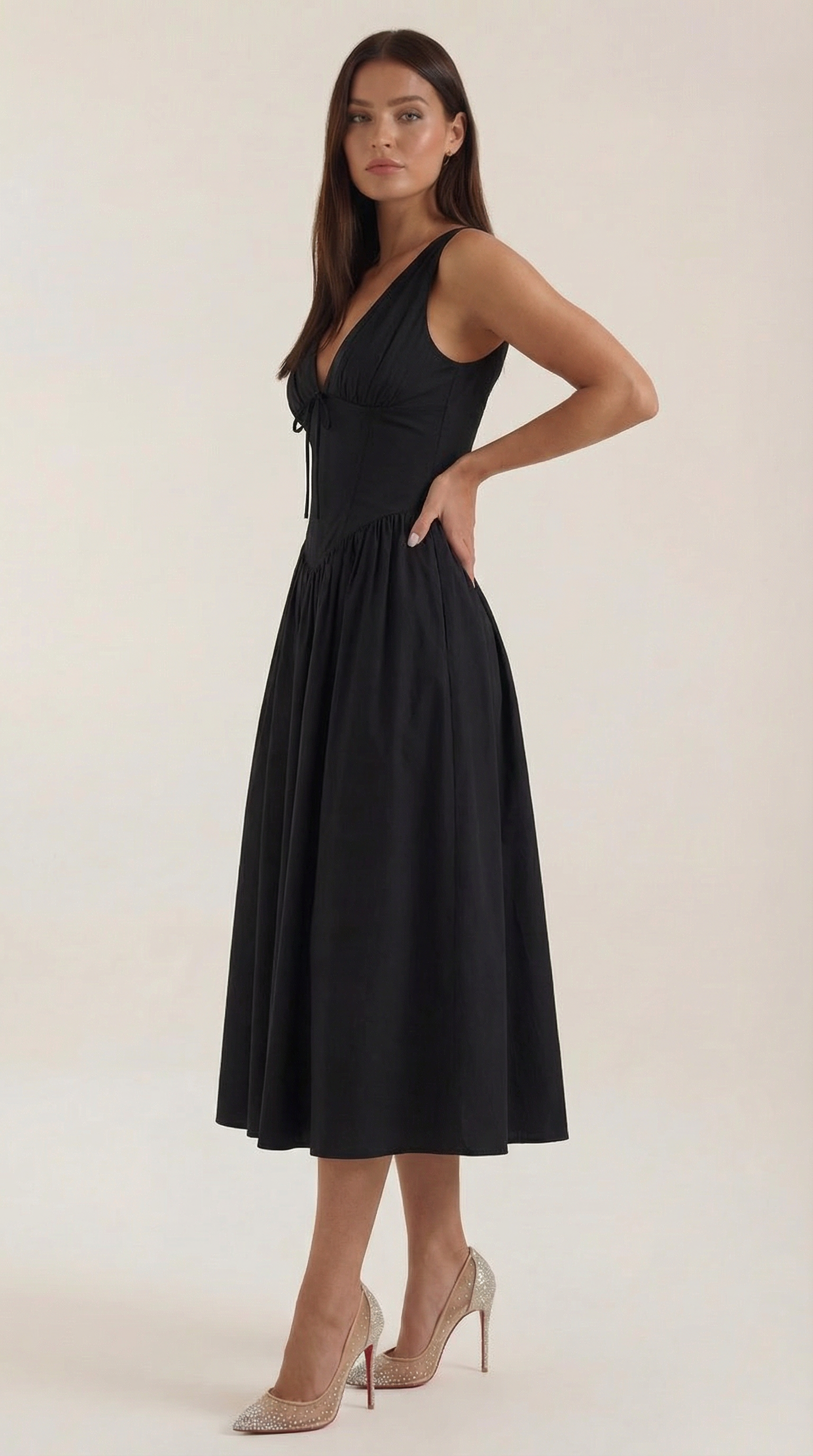 Vestido Midi con Escote en V Profundo de Cintura Alta y Espalda Descubierta para Mujer