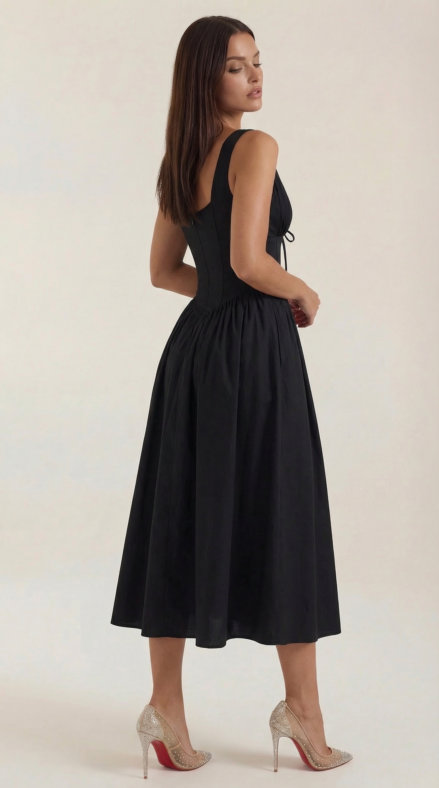 Vestido Midi con Escote en V Profundo de Cintura Alta y Espalda Descubierta para Mujer