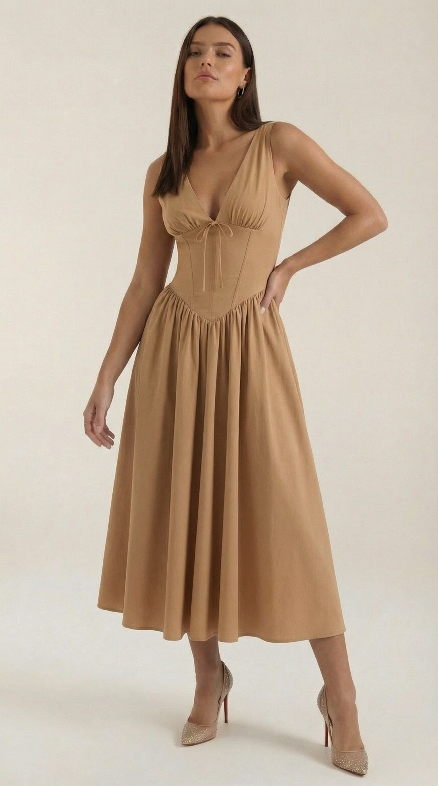 Vestido Midi con Escote en V Profundo de Cintura Alta y Espalda Descubierta para Mujer