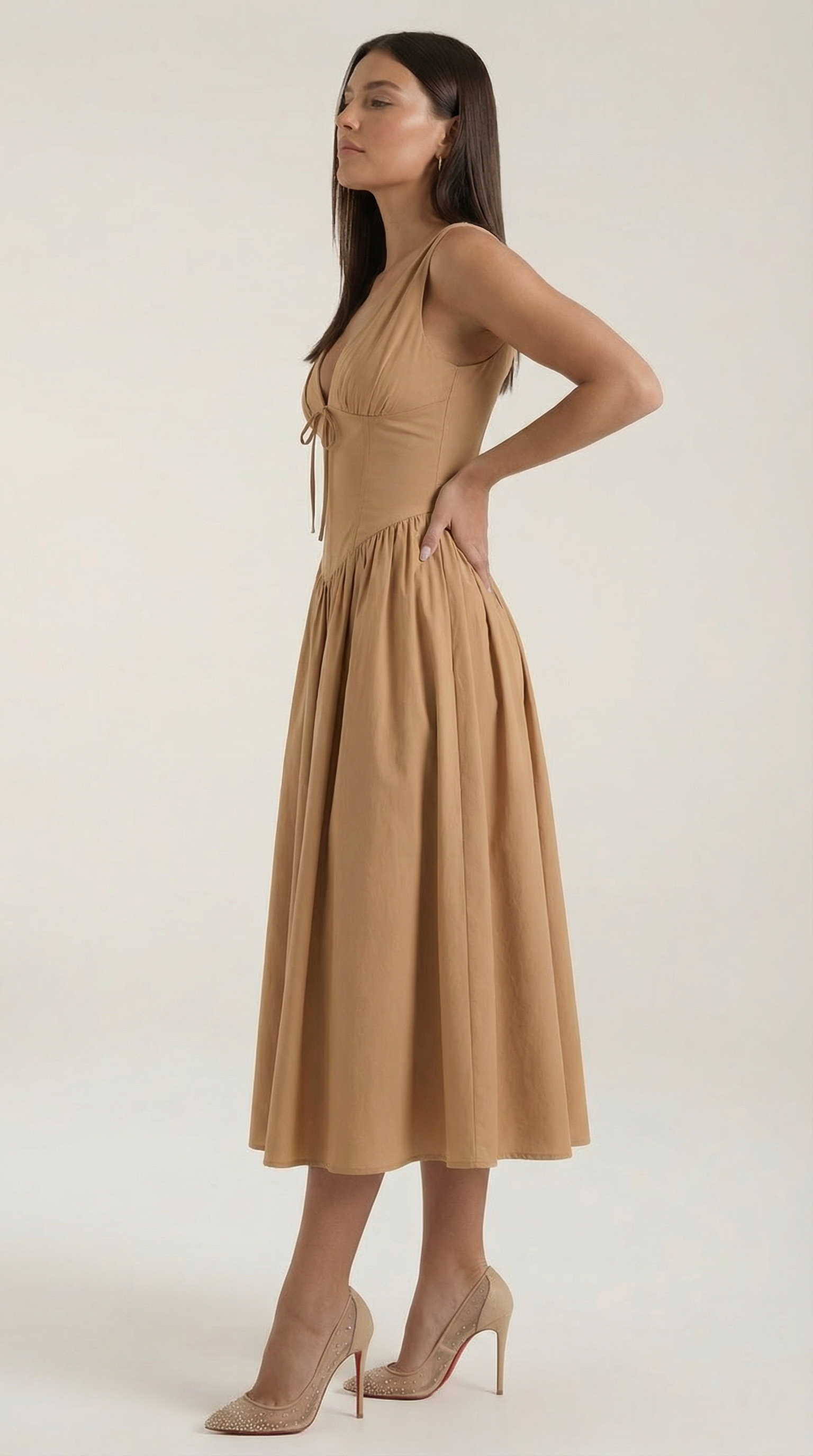 Vestido Midi con Escote en V Profundo de Cintura Alta y Espalda Descubierta para Mujer