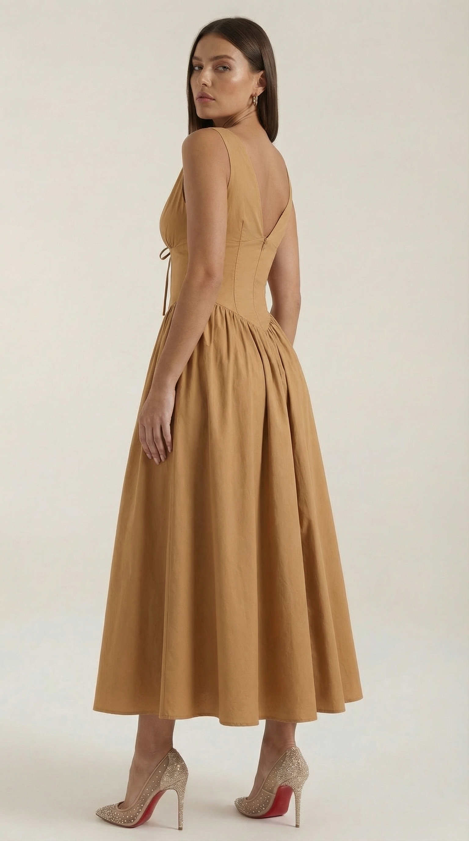 Vestido Midi con Escote en V Profundo de Cintura Alta y Espalda Descubierta para Mujer