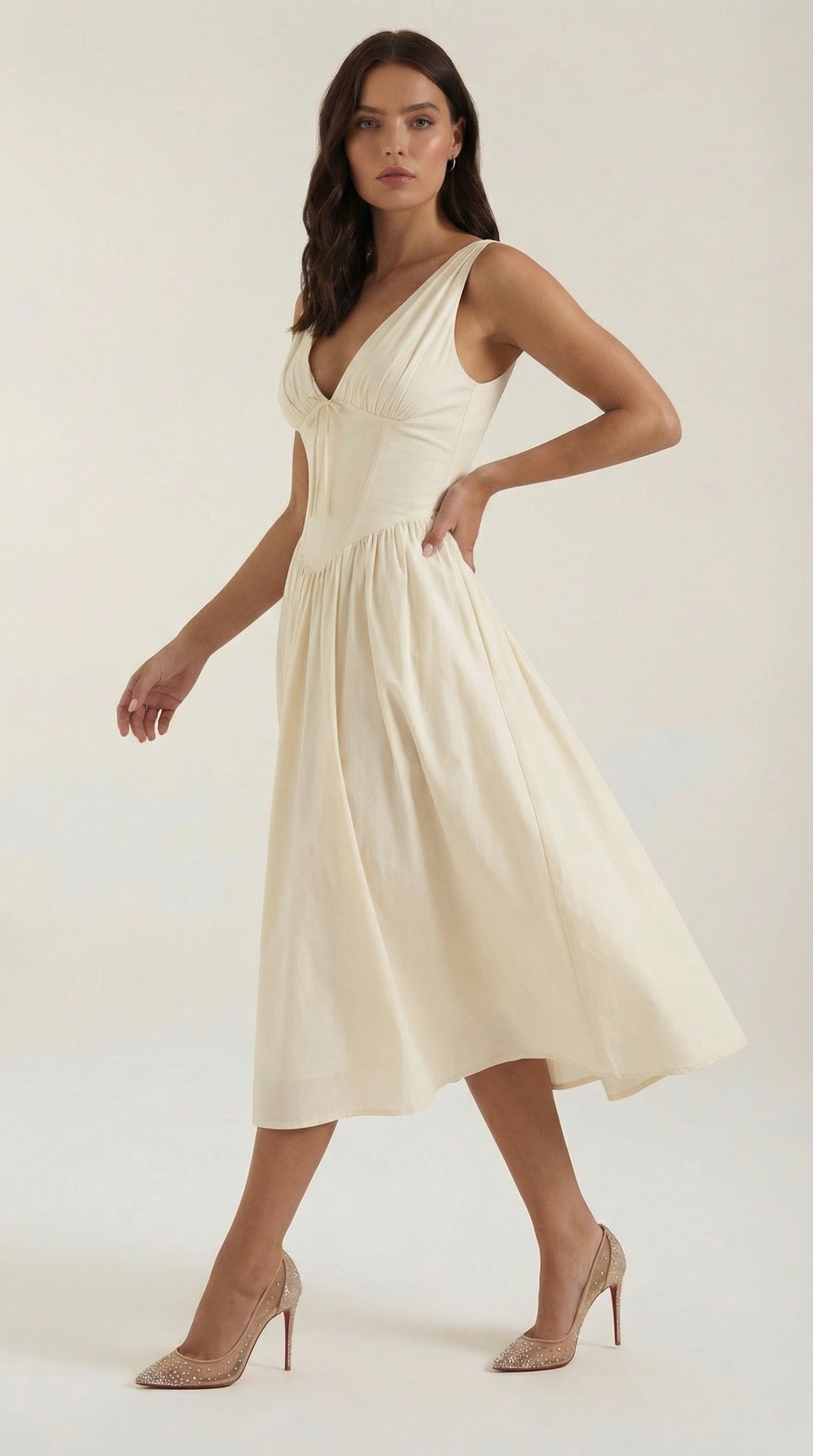 Vestido Midi con Escote en V Profundo de Cintura Alta y Espalda Descubierta para Mujer