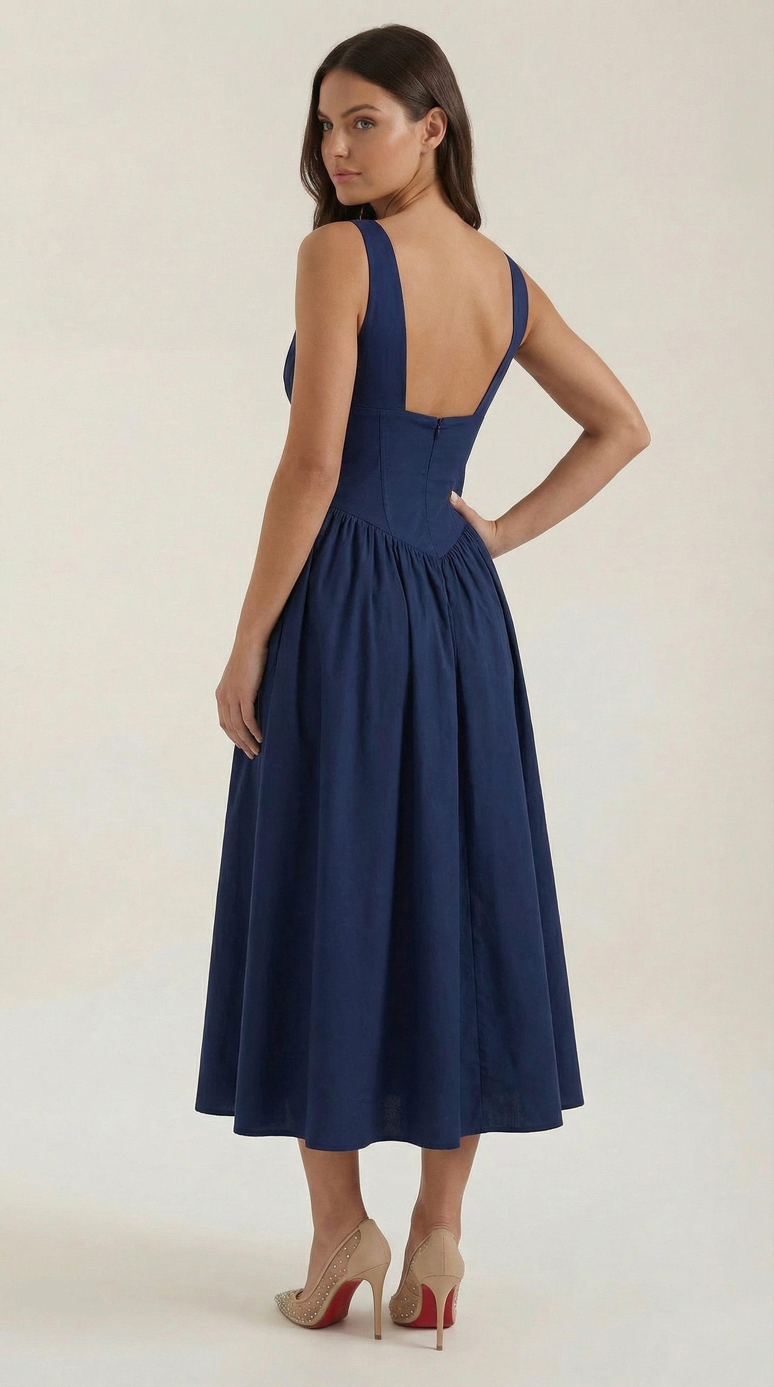 Vestido Midi con Escote en V Profundo de Cintura Alta y Espalda Descubierta para Mujer