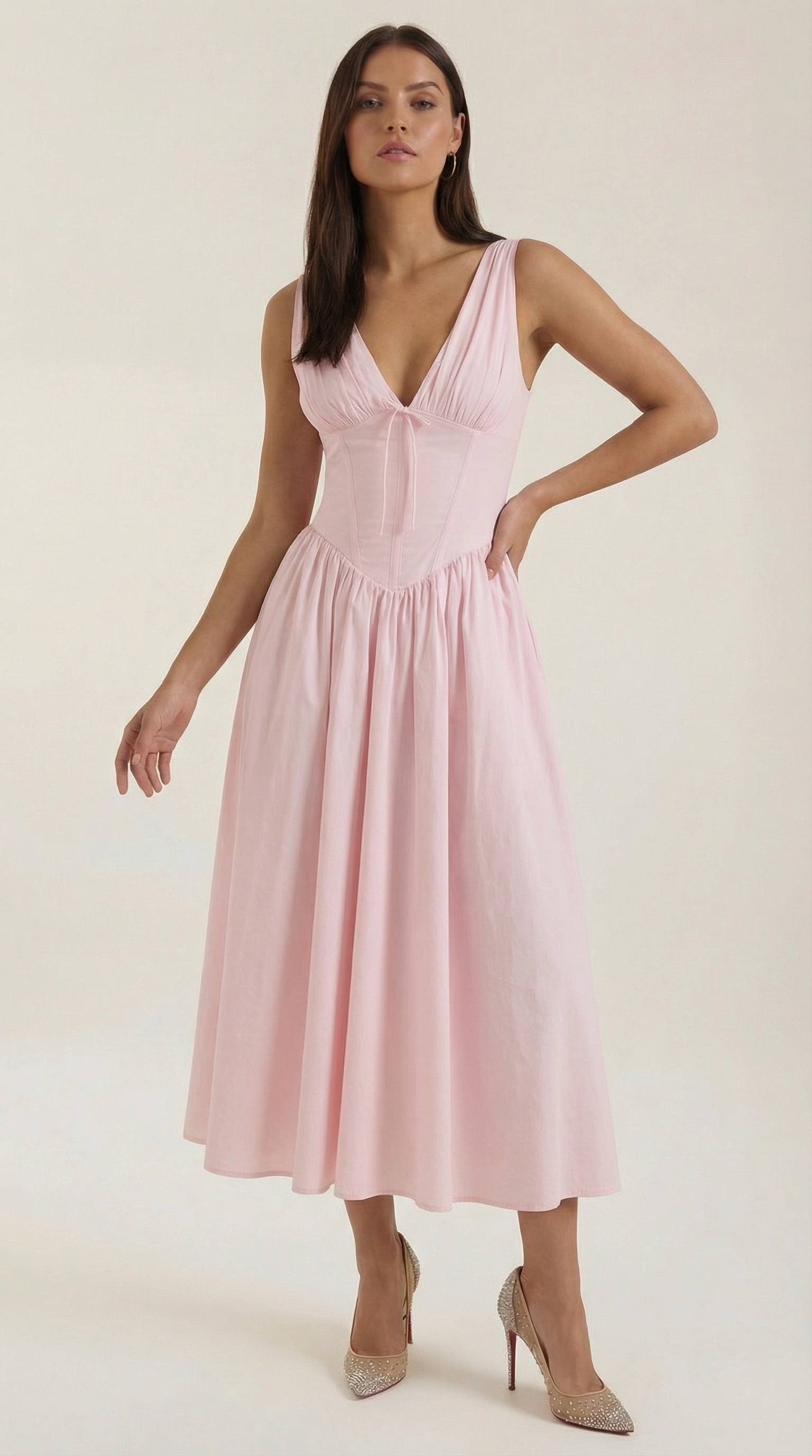 Vestido Midi con Escote en V Profundo de Cintura Alta y Espalda Descubierta para Mujer