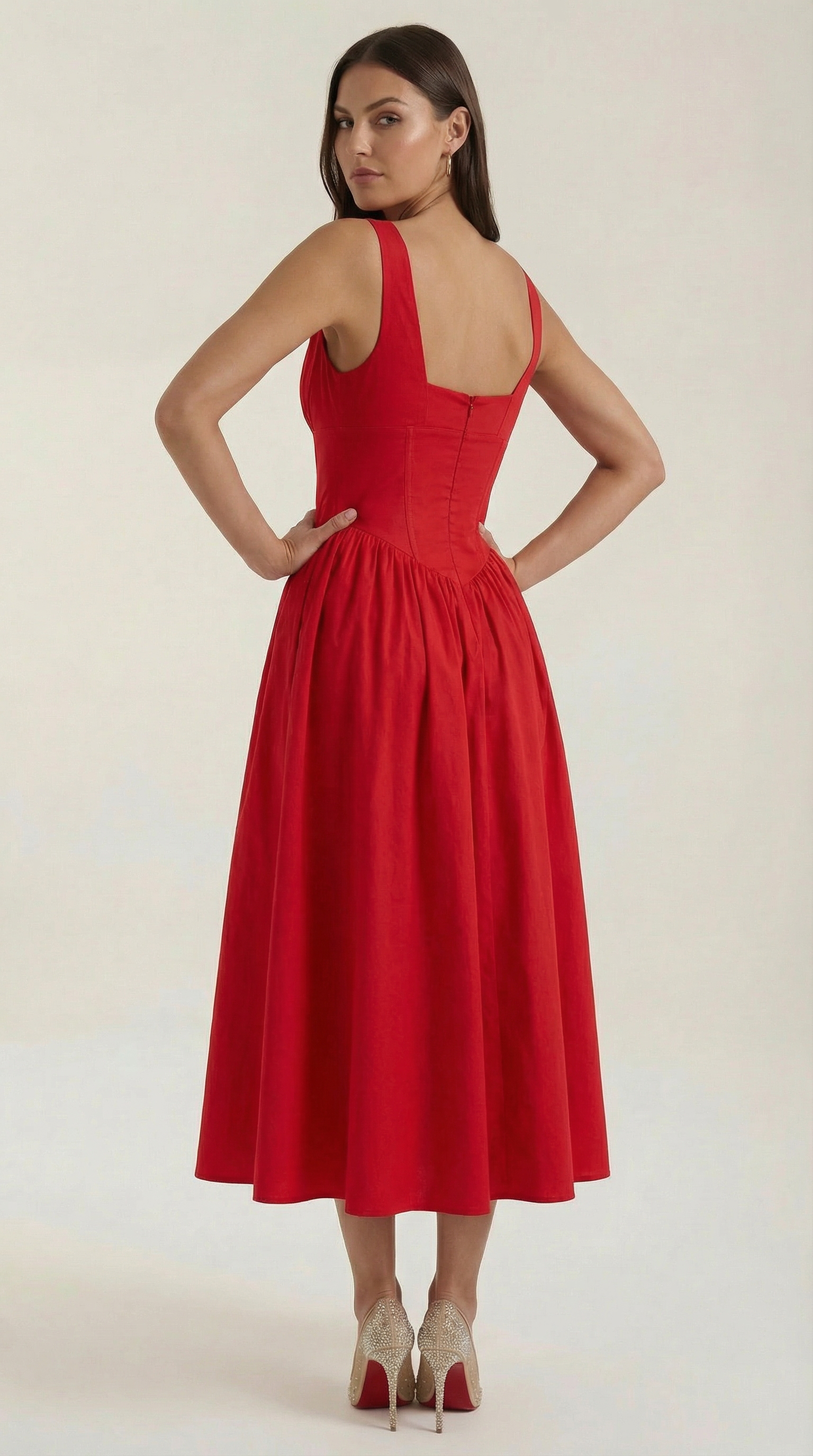 Vestido Midi con Escote en V Profundo de Cintura Alta y Espalda Descubierta para Mujer