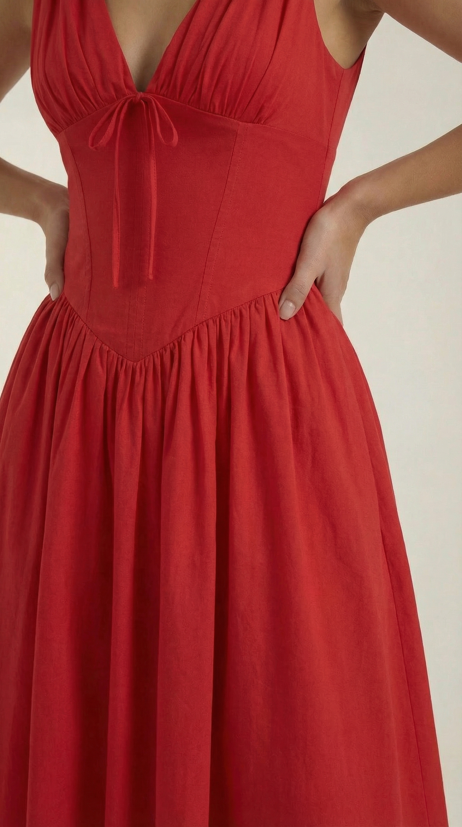Vestido Midi con Escote en V Profundo de Cintura Alta y Espalda Descubierta para Mujer