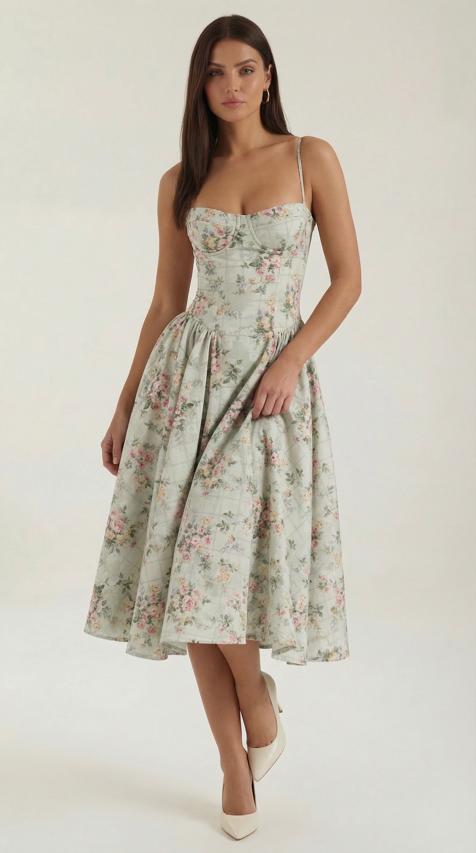 Vestido Midi de Algodón Estilo Corsé con Tirantes y Estampado Floral para Mujer