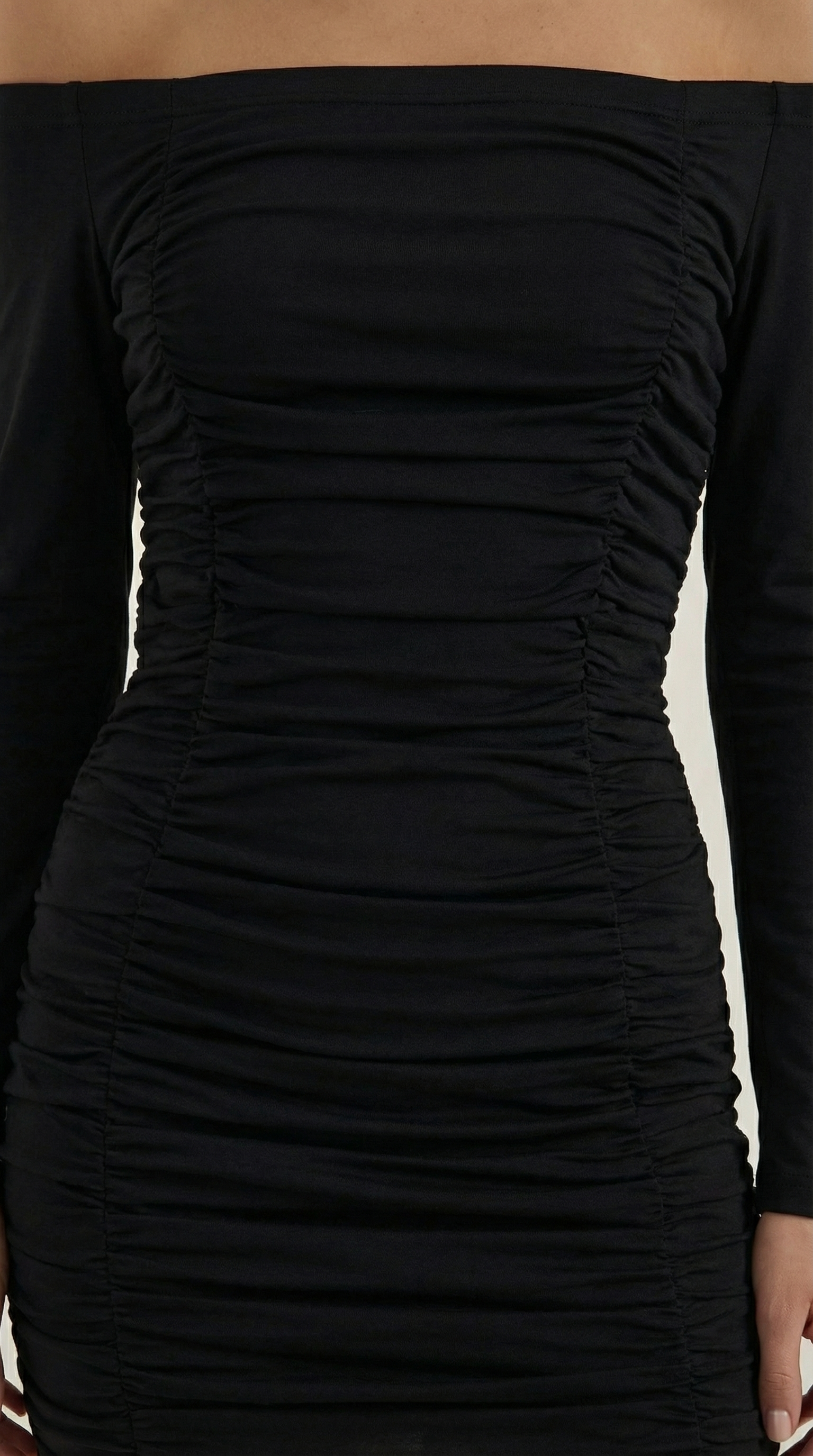 Vestido Ajustado de Hombros Descubiertos con Manga Larga y Plisado para Mujer