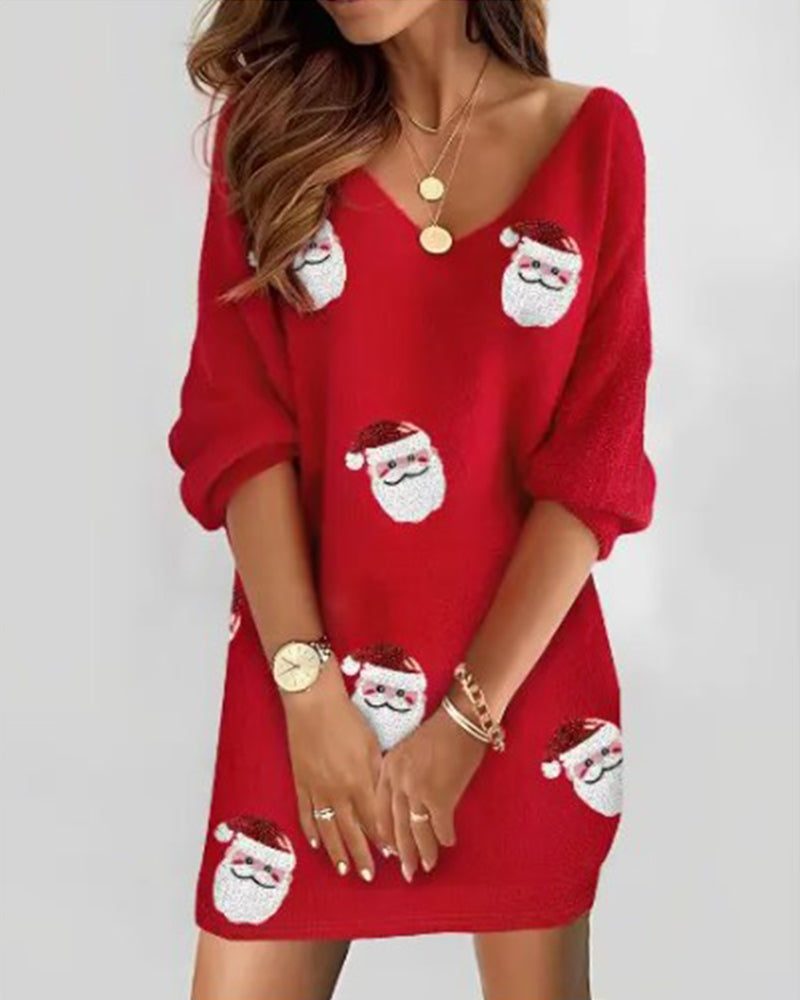 Vestido Navideño para Mujer con Aplicaciones de Papá Noel y Manga Tres Cuartos