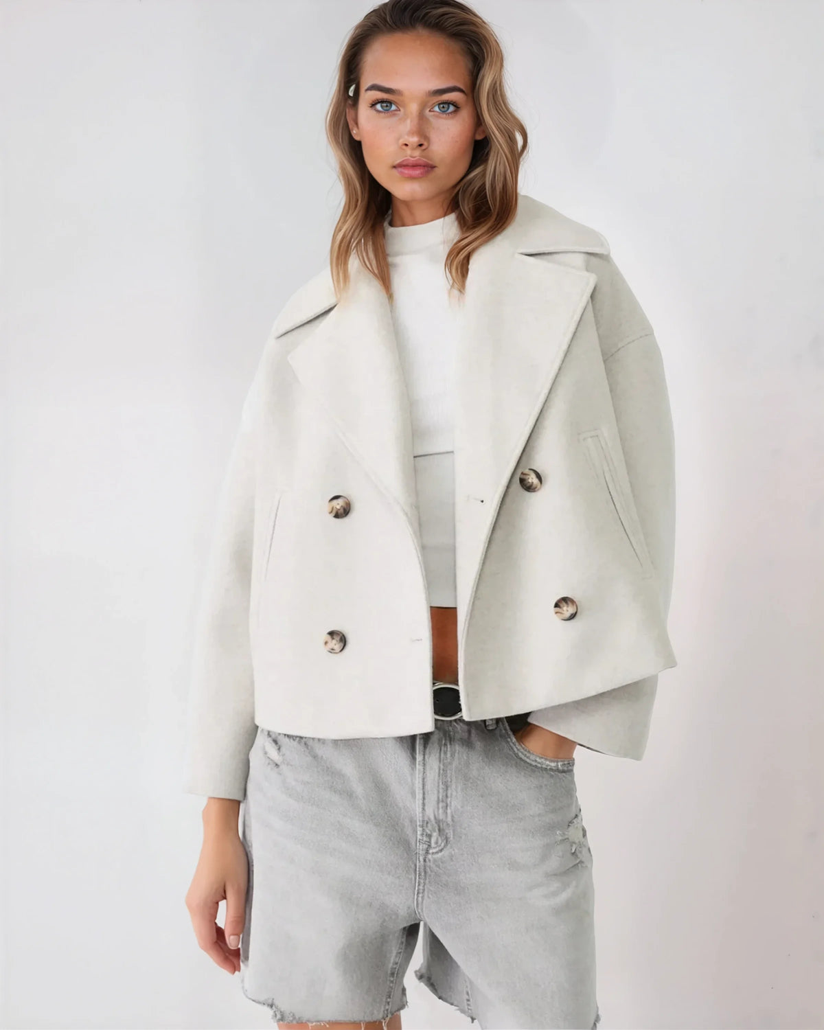 Trench court en laine pour femme avec fermeture croisée et larges revers
