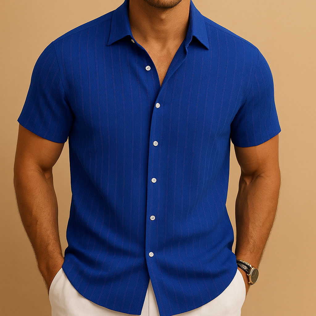 Camisa de Algodón y Lino para Hombre con Manga Corta y Cuello Vuelto