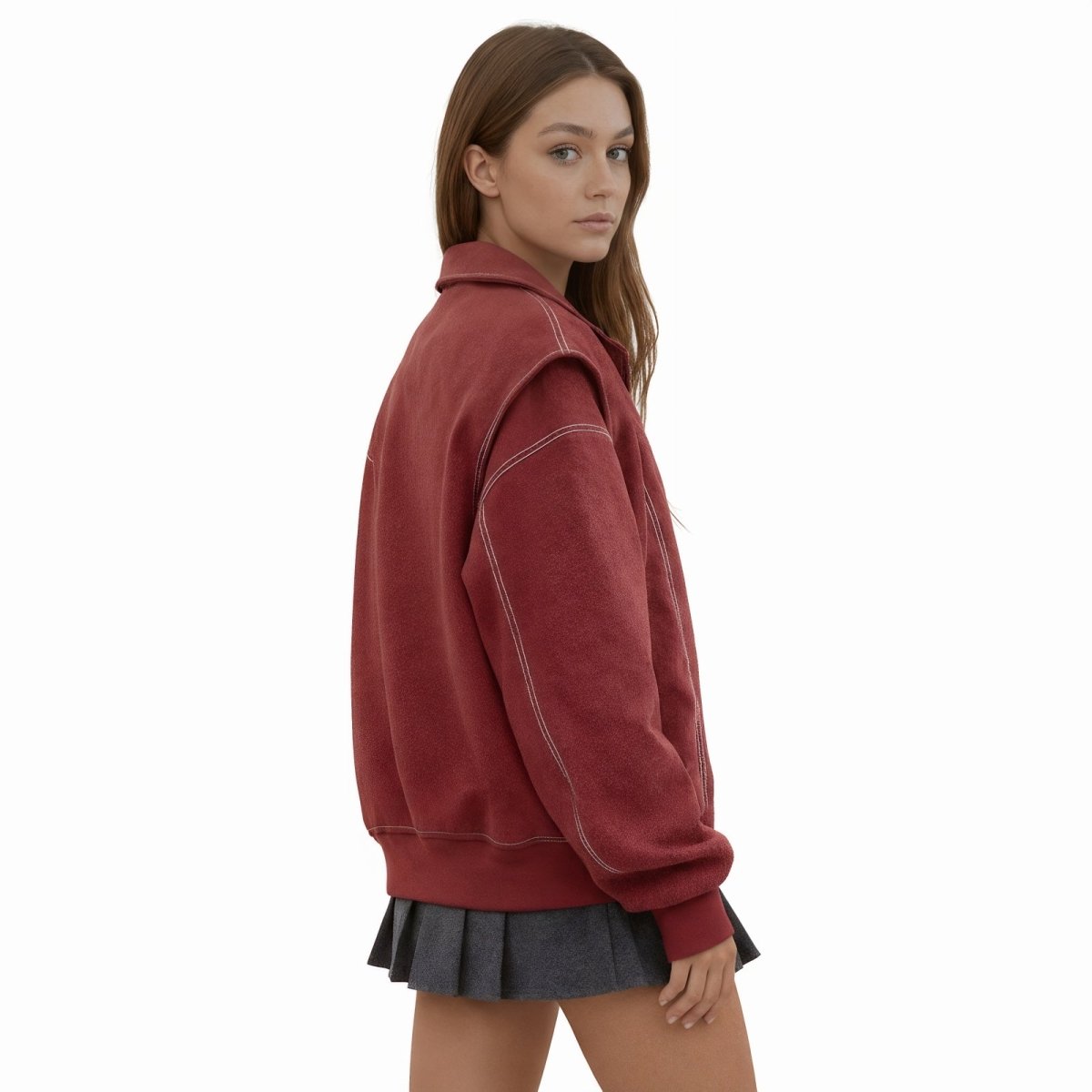 Cazadora Bomber Oversize de Cuero Sintético con Costuras en Contraste