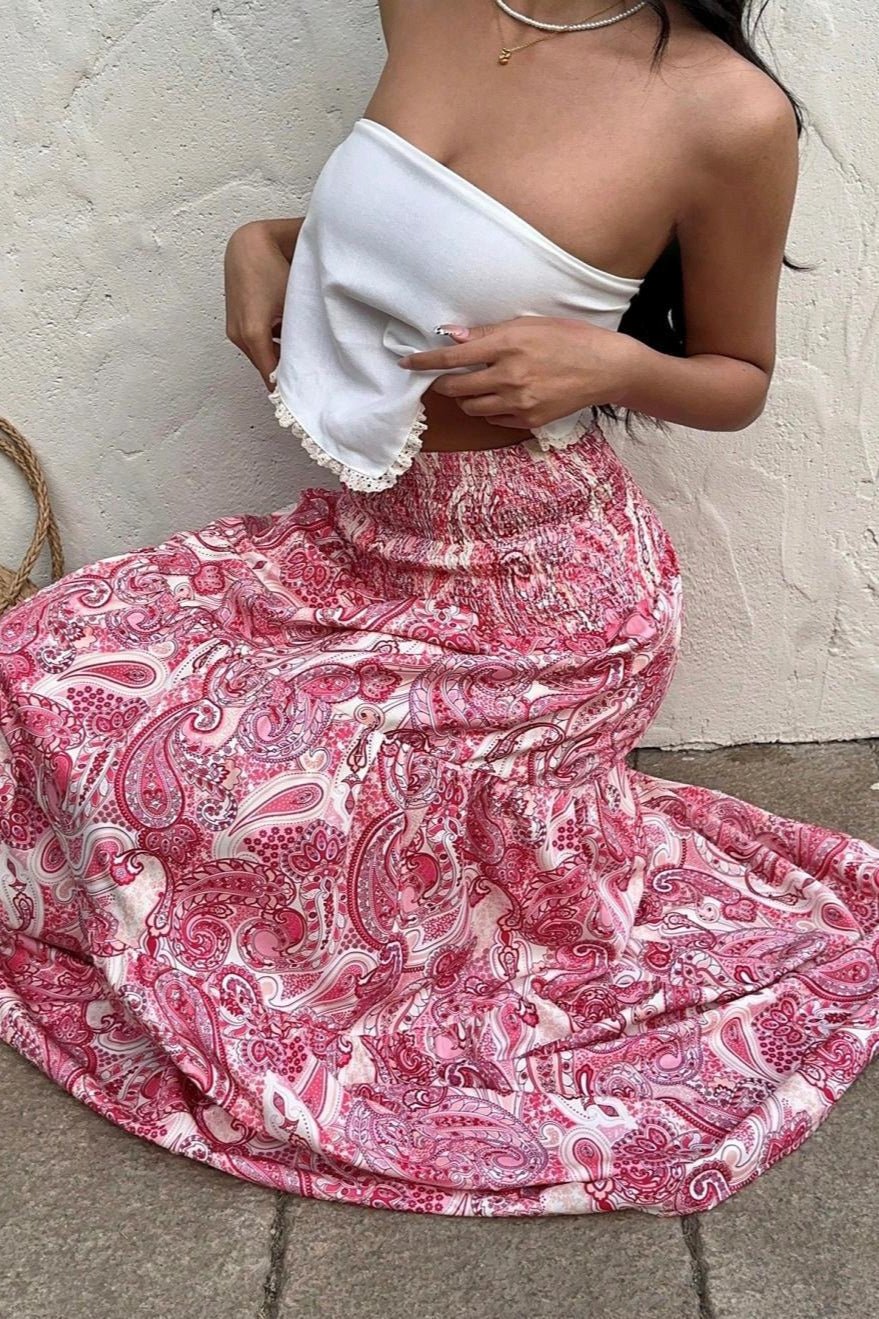 Falda Larga Maxi Skirt de Mujer con Estampado de Cachemira y Cintura Elástica