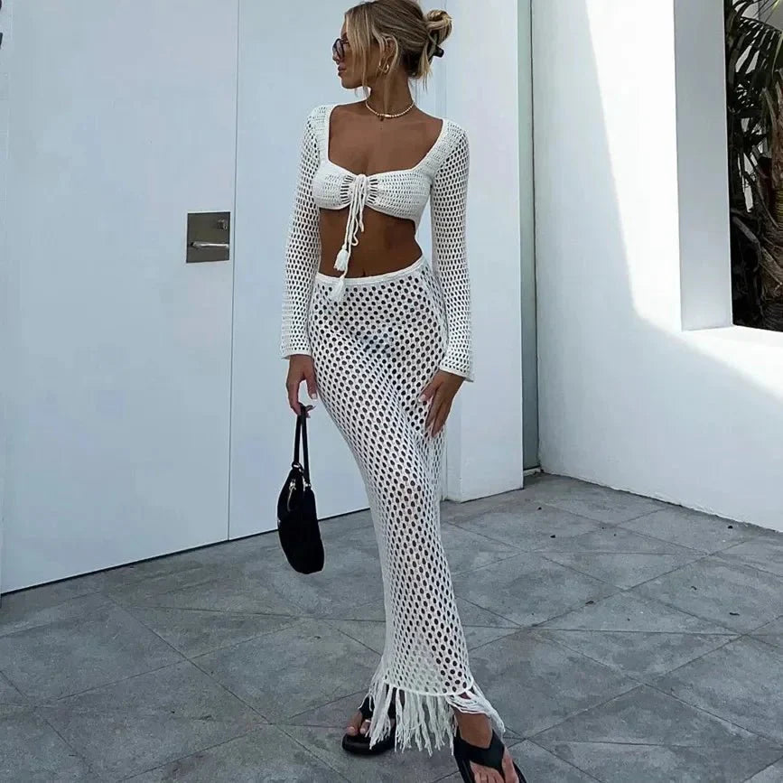 Conjunto de Falda y Top de Crochet con Manga Larga y Beach Cover Up