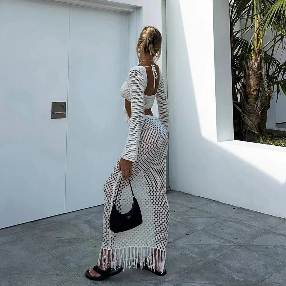 Conjunto de Falda y Top de Crochet con Manga Larga y Beach Cover Up