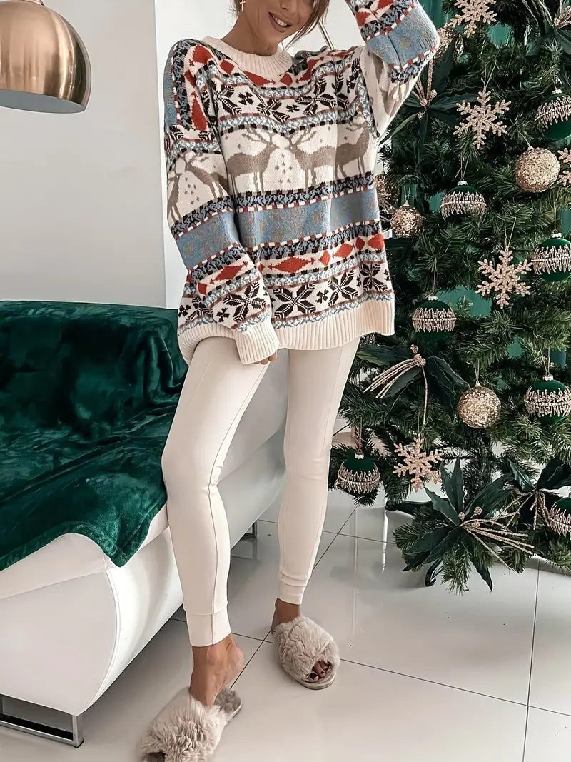 Maglione natalizio da donna con stampa integrale e scollo rotondo a coste