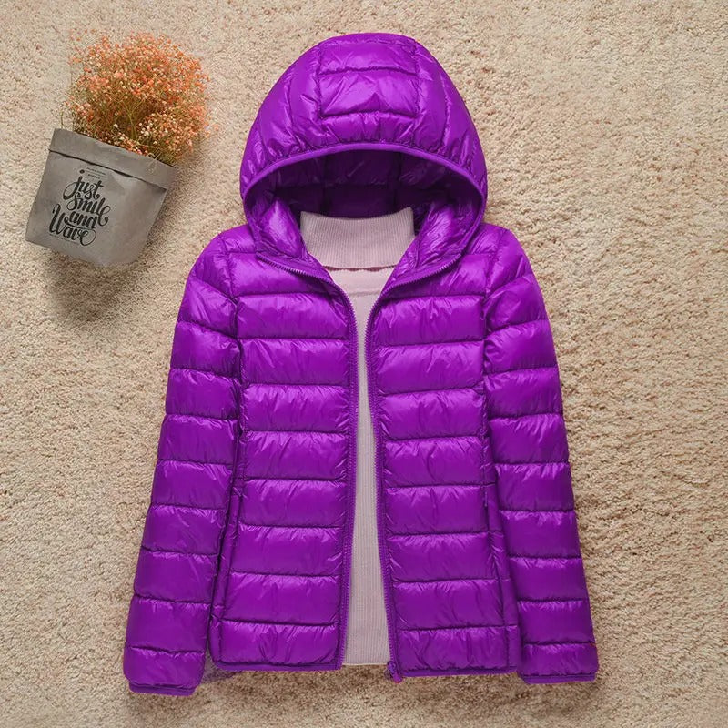 Chaqueta Acolchada Ligera de Poliéster para Mujer con Capucha Plegable