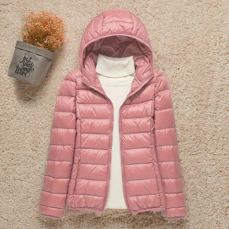 Chaqueta Acolchada Ligera de Poliéster para Mujer con Capucha Plegable