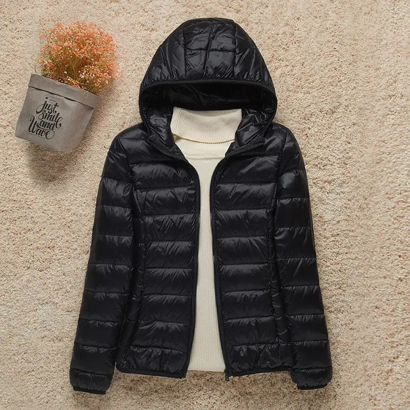 Chaqueta Acolchada Ligera de Poliéster para Mujer con Capucha Plegable