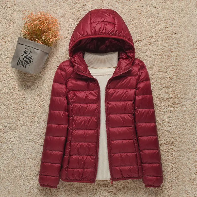 Chaqueta Acolchada Ligera de Poliéster para Mujer con Capucha Plegable