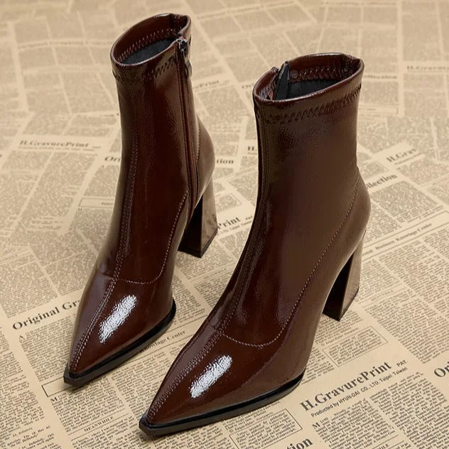 Botas de Mujer de Media Caña con Tacón Ancho y Puntera Puntiaguda