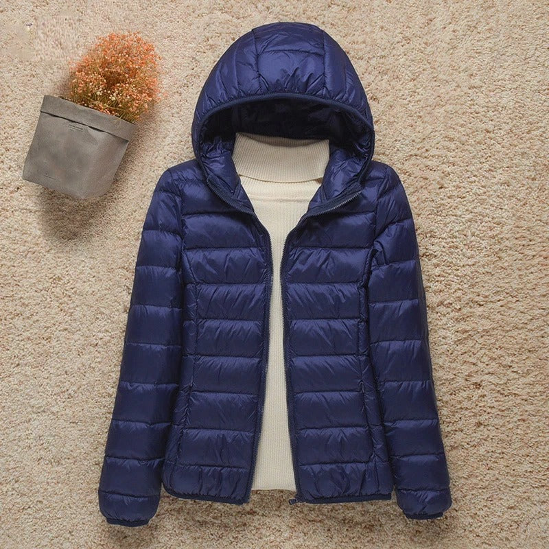 Chaqueta Acolchada Ligera de Poliéster para Mujer con Capucha Plegable
