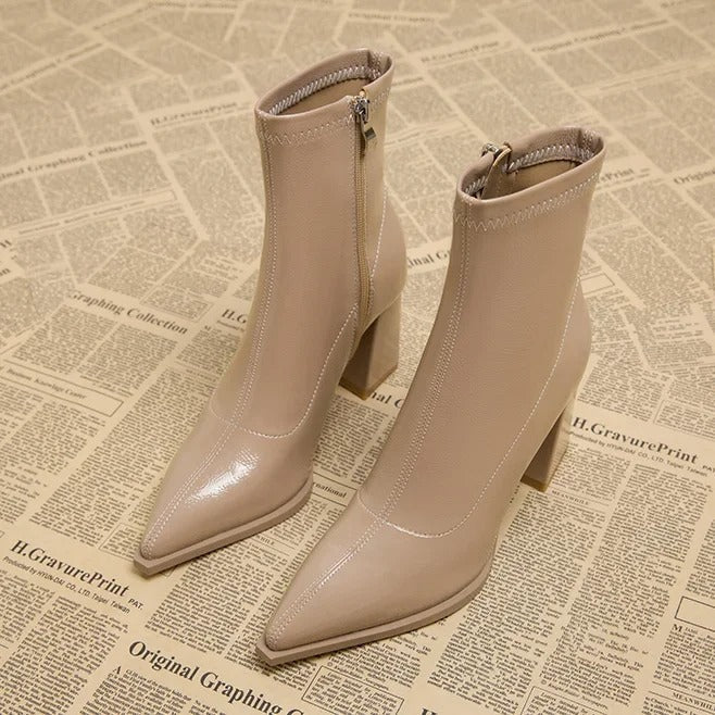 Botas de Mujer de Media Caña con Tacón Ancho y Puntera Puntiaguda
