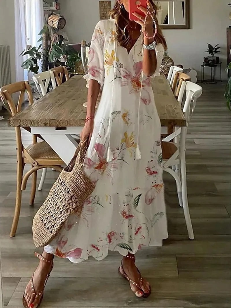 Vestido Largo de Mujer con Estampado Floral y Falda Acampanada de Corte Imperio