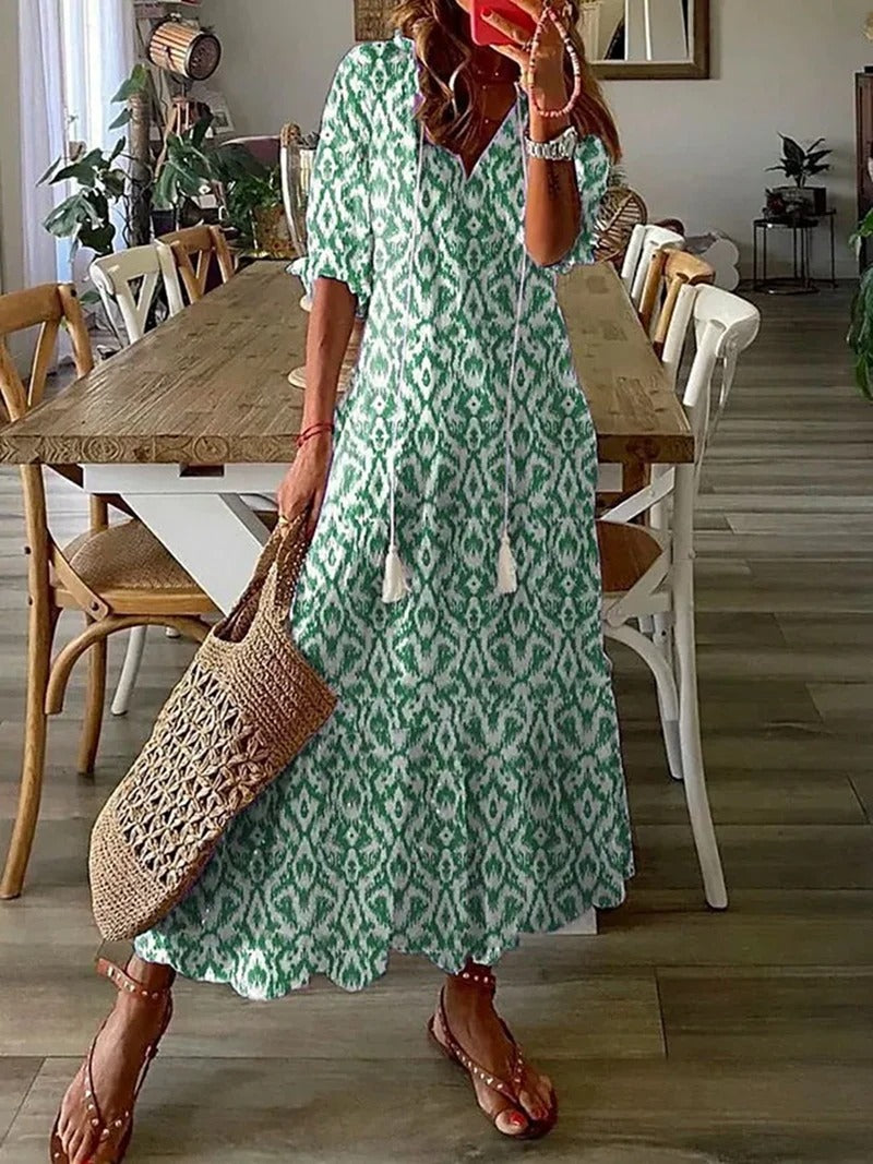 Vestido Largo de Mujer con Estampado Floral y Falda Acampanada de Corte Imperio