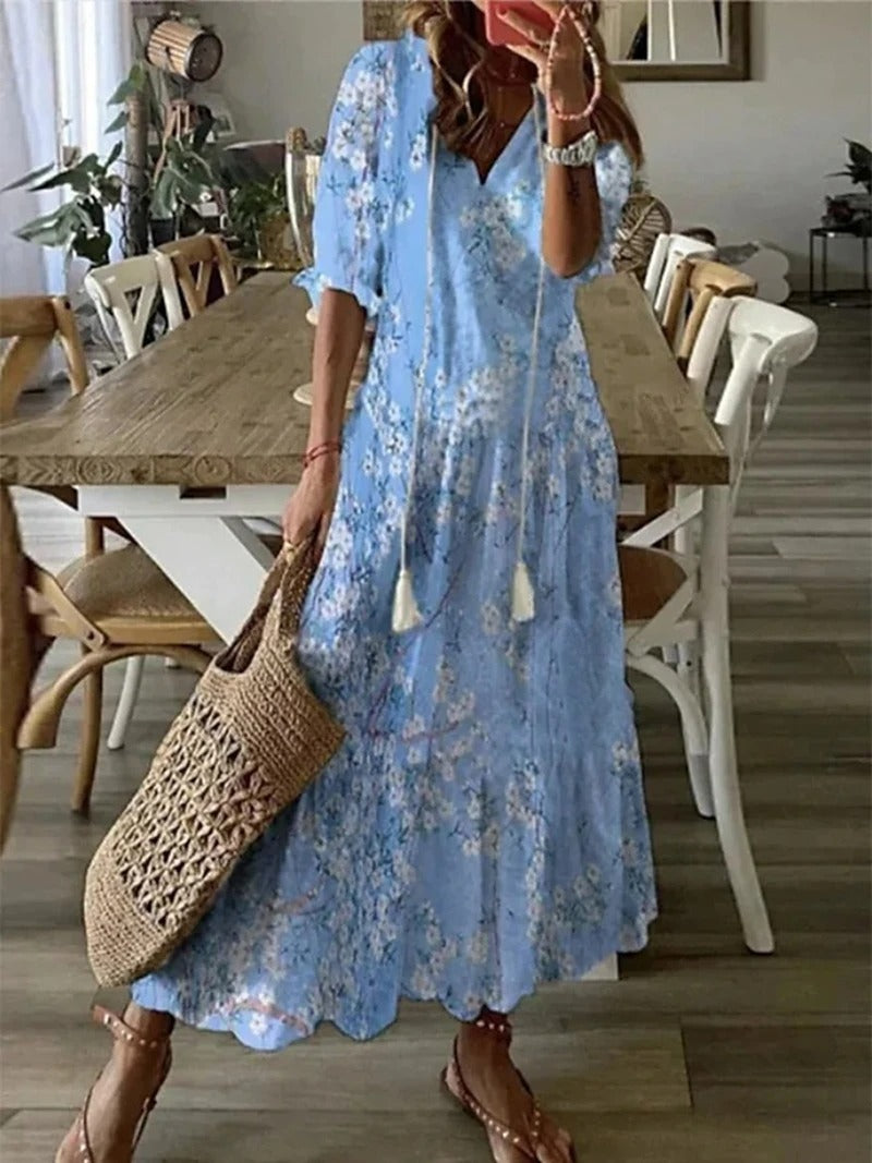 Vestido Largo de Mujer con Estampado Floral y Falda Acampanada de Corte Imperio