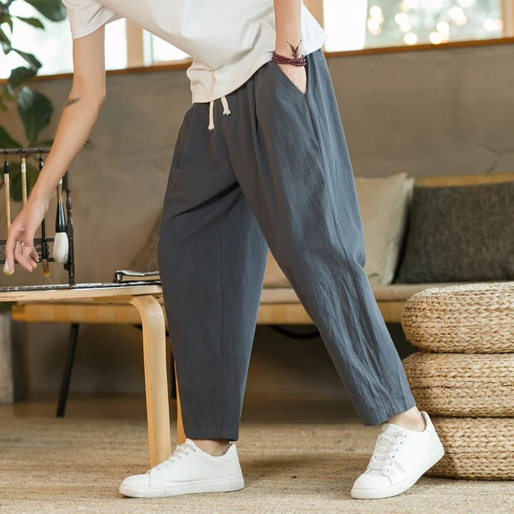Pantalones de Lino para Hombre con Cintura Elástica y Corte Tapered Recortado