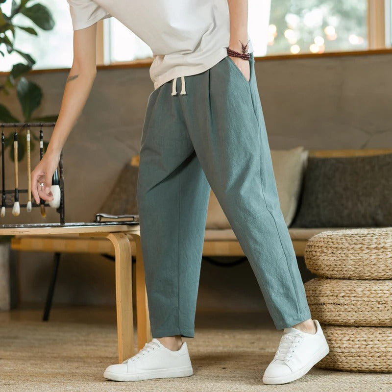 Pantalones de Lino para Hombre con Cintura Elástica y Corte Tapered Recortado