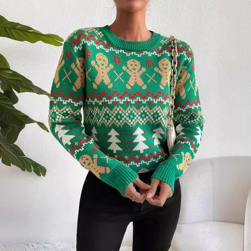 Women's Jacquard Sweater with Crew Neck and Regular-Fit Long Sleeves