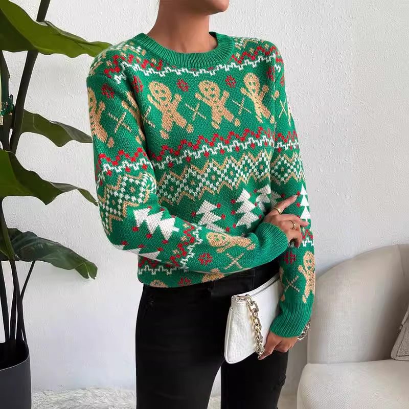 Women's Jacquard Sweater with Crew Neck and Regular-Fit Long Sleeves