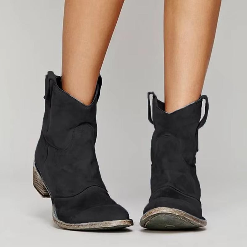 Botines de Mujer con Tacón Ancho y Puntera Redonda de Estilo Western
