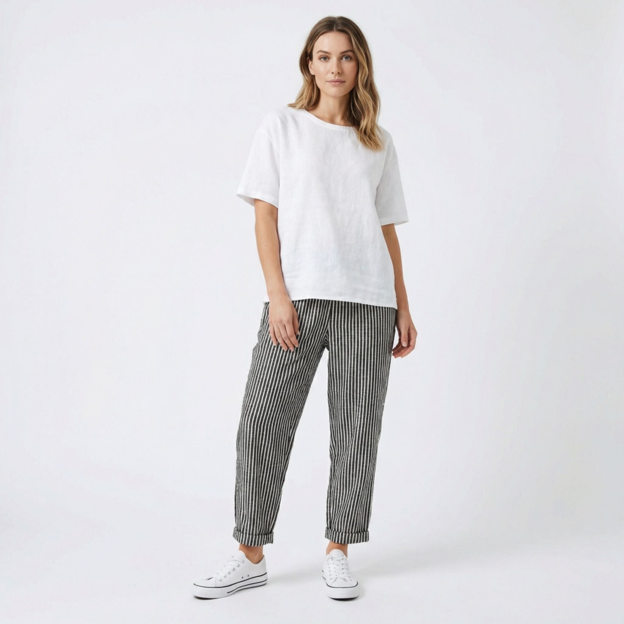 Pantalones Capri de Pernera Ancha con Rayas Verticales y Talle Alto para Mujer