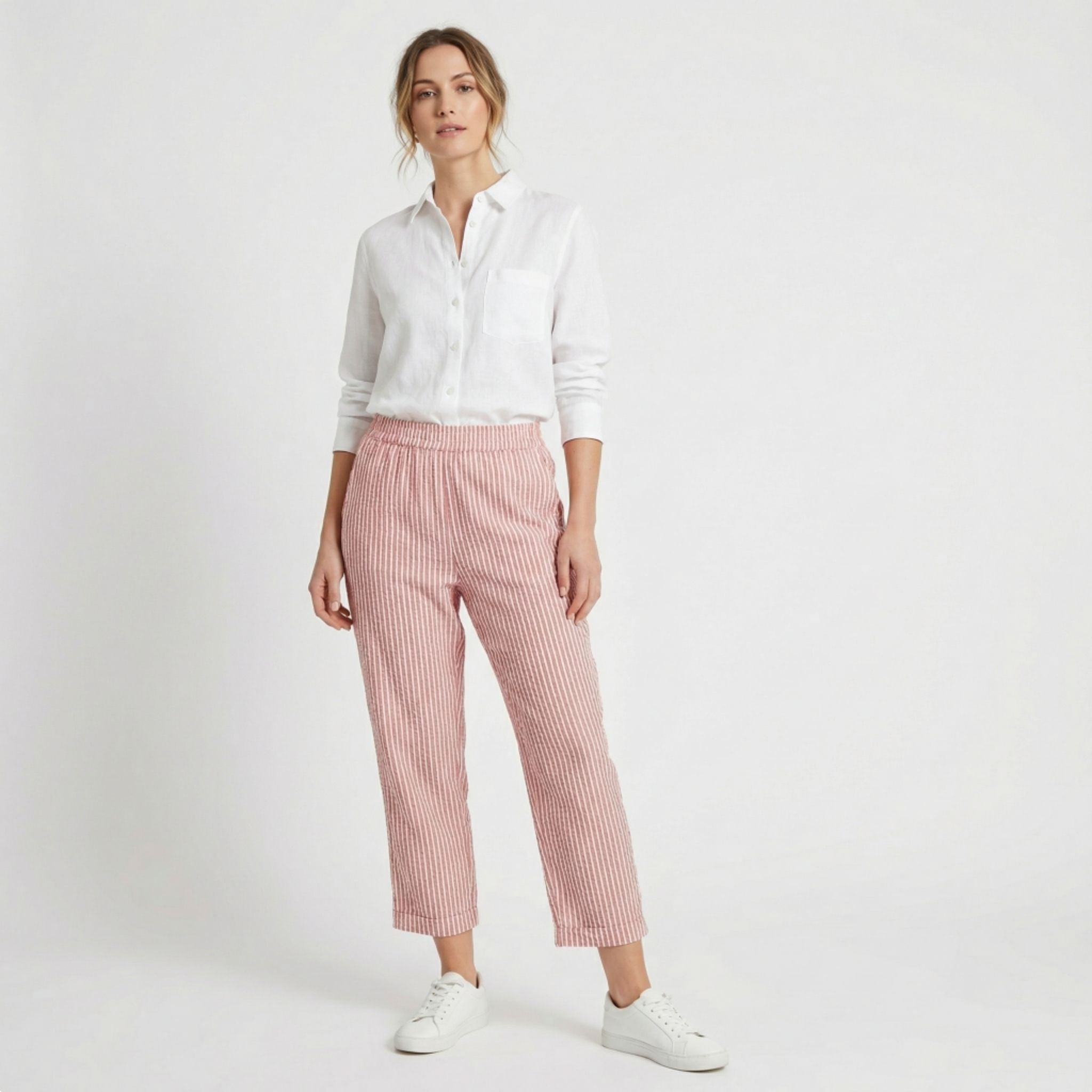 Pantalones Capri de Pernera Ancha con Rayas Verticales y Talle Alto para Mujer