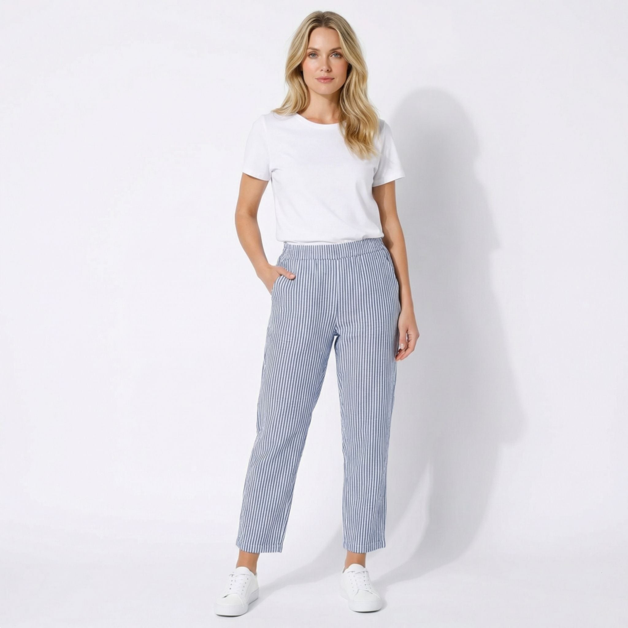 Pantalones Capri de Pernera Ancha con Rayas Verticales y Talle Alto para Mujer