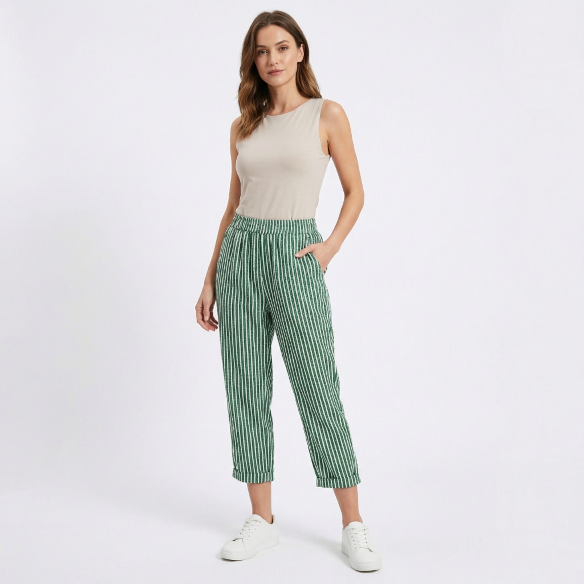 Pantalones Capri de Pernera Ancha con Rayas Verticales y Talle Alto para Mujer