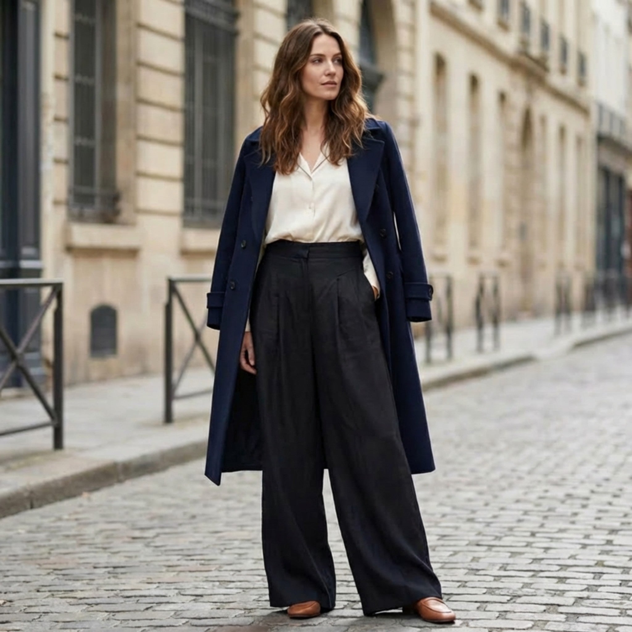Pantalones de Mujer de Pierna Ancha con Pinzas Delanteras y Bolsillos