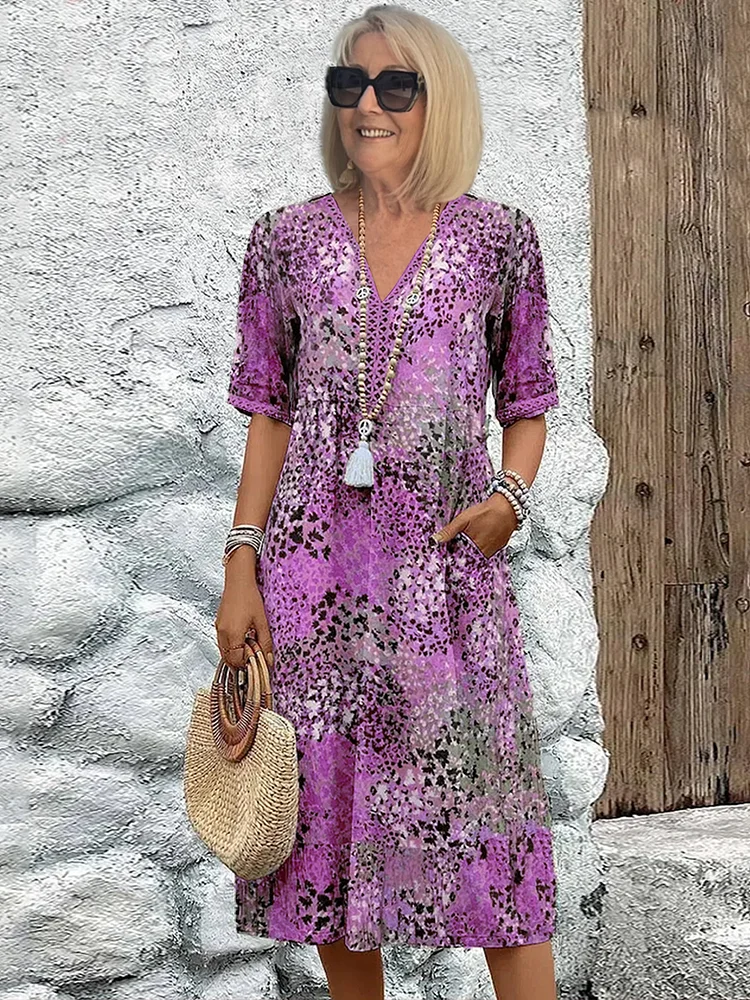 Vestido midi estampado mujer — corte en a con cuello en v — diario